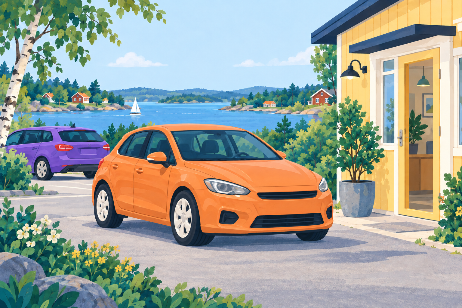 Illustration av två parkerade bilar vid ett litet gult kontor